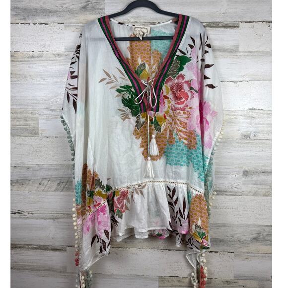 Z&L womens small Europe Floral Print Cotton Pom-Pom Caftan Swim Cover Up kimono - Picture 1 of 7